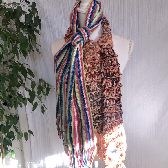 Handmade Accessories - Women winter SCARVES lot of 2 , handmade chunky peach pink blue & bright stripes